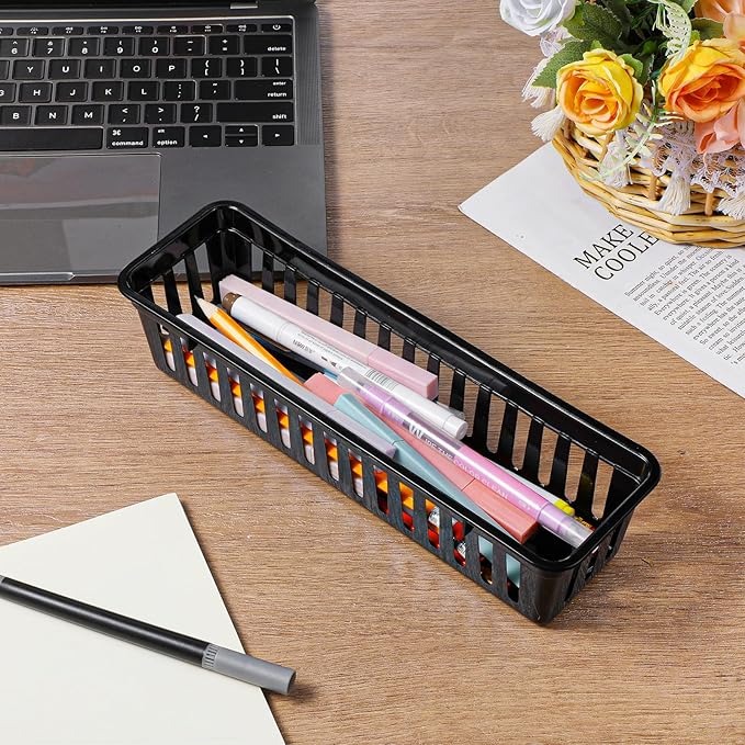 12 Pack Black Slim Plastic Storage Baskets for Organizing, 10.24 x 3.15 x 2.36 Inch Stackable Small Narrow Pencil Baskets, Drawer Storage Tray Holder for School Classroom Home Office Desk Cabinet