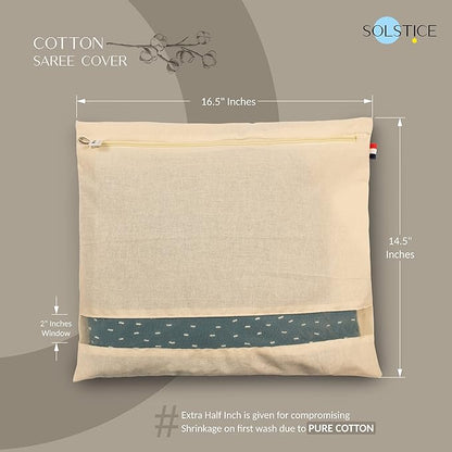 SOLSTICE Cotton Saree Bags, Covers for Storage Set with Zip Closure for Clothes Bags and Wardrobe Organizer with Transparent mesh window (16 x 14 Inches) (Pack 0f 12)