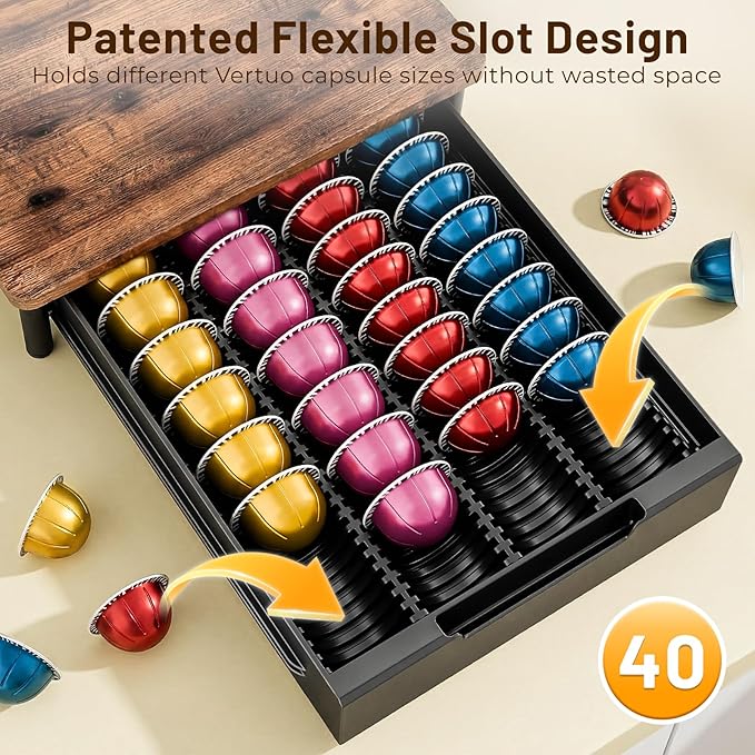 Coffee Pod Drawer Organizer for Nespresso Vertuo, Patented Flexible Slot Design Holds Up to 40 Large Capsules, Rustic Wood Look, Fits Under Coffee Machines