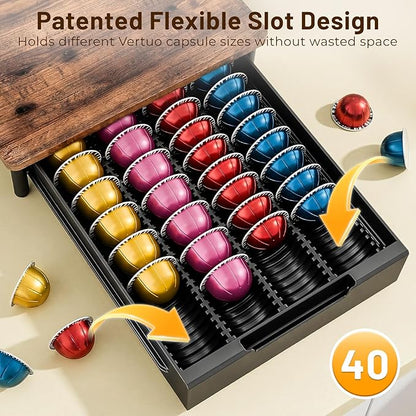 Coffee Pod Drawer Organizer for Nespresso Vertuo, Patented Flexible Slot Design Holds Up to 40 Large Capsules, Rustic Wood Look, Fits Under Coffee Machines