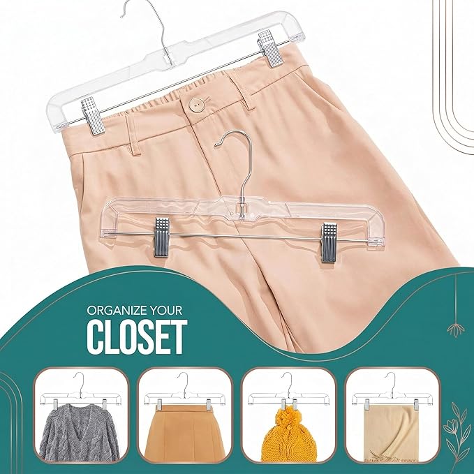 HOUSE DAY Clear Pants Hangers with Clips 12 Pack, Plastic Skirt Hangers for Women, 14 Inch Clip Hanger for Pants, Skirts, Jeans, Shorts, Legging, with 360-degree Swivel Hook, 2 Adjustable Clips