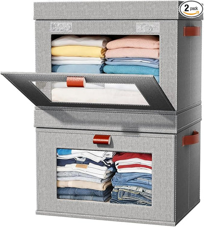 2-Pack Large Storage Bins with Lids,Stackable&Collapsible Closet Storage Bins,Oxford Fabric Organizer Box with Clear Window,Large Decorative Storage Boxes for Closet,Dorm16.5"x11.8"x11"