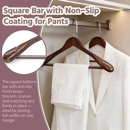 Luxury Wide Shoulder Wooden Coat Hangers with Anti Slip Pants Bar, Solid Wood Thick Jacket Hangers Smooth Finish for Sweater Dress Pants Sport Coats (Dark Brown, 6 Pack)