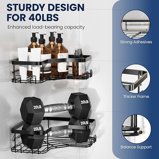 MAXIFFE 3 Pack X-Large Corner Shower Caddy with Soap Holder, Large Capacity and Easy Install, No Drilling Shower Shelves, Stainless Steel Shower Organizer Hold 40 LBS for Family Renters, Black