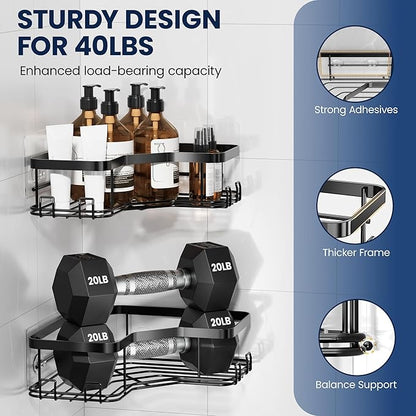 MAXIFFE 3 Pack X-Large Corner Shower Caddy with Soap Holder, Large Capacity and Easy Install, No Drilling Shower Shelves, Stainless Steel Shower Organizer Hold 40 LBS for Family Renters, Black