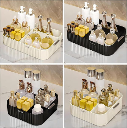 DASITON Large Capacity Makeup Organizer,12 Slots Makeup Brush Holder,Makeup Storage with Handle,Vintage Striped Cosmetic Organizer for Bathroom Countertops,Desk Storage Container(Black)