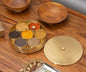 Veda Essentials. Handcrafted Brass Masala Box with 7 Compartments and a Spoon - Indian Spice Organizer with Embossed Lid | Premium Brass Masala Daani (Plain Lid with Matt Finish)