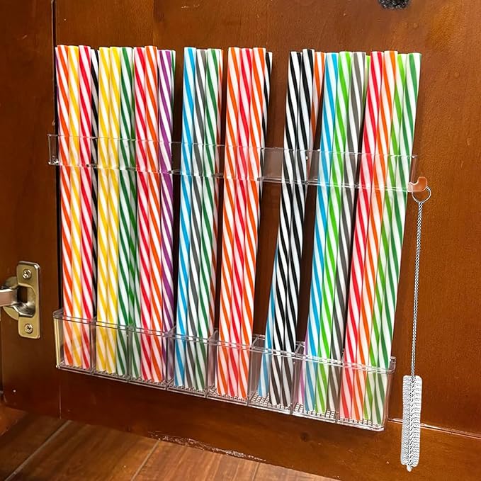 9.8 inch double-layer removable and washable Large Acrylic Cabinet Straw Holder Organizer with Traceless Nano Adhesive – Space-Saving Storage Rack for Cabinet Door, Clear Straw Cabinet Holder