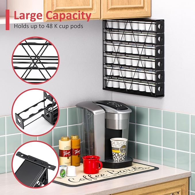 K Cup Holders for 6 Tier, 48 Pods K Cup Storage, Coffee Pod Holder for Countertop, K Cup Organizer Coffee Bar Accessories Black Metal