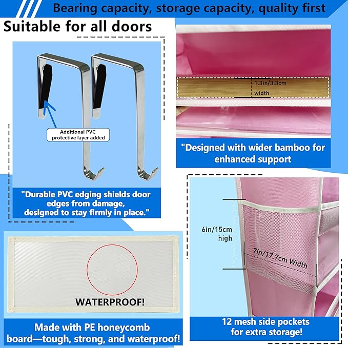 Over the Door Organizer Storage 6 Tier, 12 Large Capacity Side Pockets, Heavy Duty Metal Reinforced Hook Anti Tilt 75 LB Load Behind Door Storage for Bedroom Bathroom Pantry Nursery