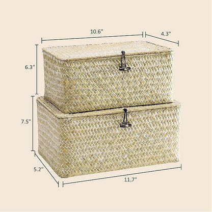 Nonam Storage Basket with Lid, Natural Seagrass Bin with Lid Set of 2, Shelf Baskets Multipurpose Container for Boho Decoration, Rectangular Household Storage Boxes for Home Organization-White