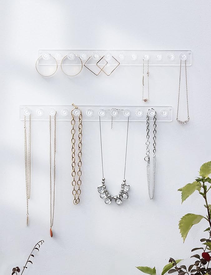 Heesch Necklace Holder, Acrylic Necklace Hanger, Wall Mount Necklace Organizer, Jewelry Hooks for Necklaces, Bracelets, Chains (2-pack Clear)