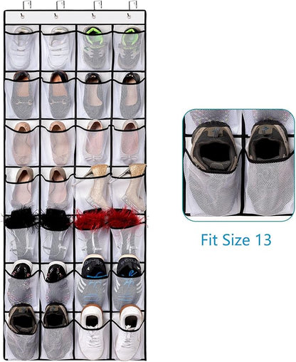 REGELETO 2 Pack 28 Pocket Over the Door Shoe Organizer, Hanging Shoe Rack for Door Large Capacity Shoe Organizer Holder with 4 Metal Hooks (White-2Pack)