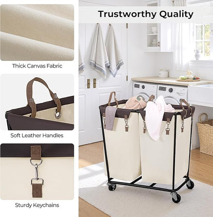 StorageWorks 280L Large Laundry Hamper with Wheels, Laundry Basket with Wheels 2 Sections, Clothes Sorter Cart with Divider for Hotel, Home, Beige, 1-Pack