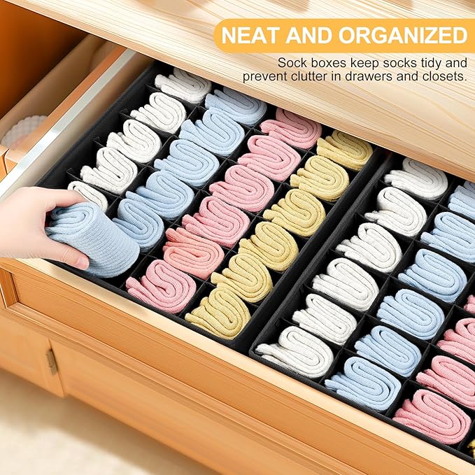Joyoldelf Sock Drawer Organizer Divider Underwear Organizer 24-cell Fabric Dresser Drawer Organizers Storage Boxes for Socks Lingerie, Handkerchiefs, Ties 4 Pack (Black)