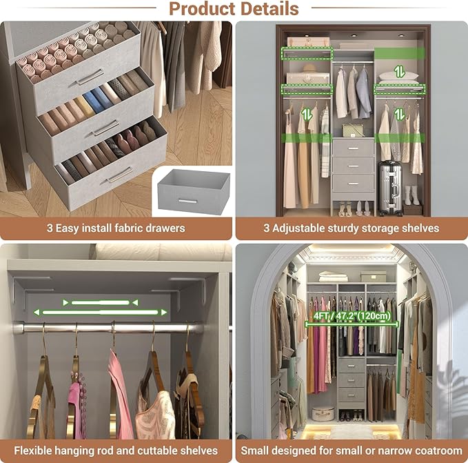 Besiost 4FT Small Closet System with 3 Fabric Drawers, 48'' Closet Organizer System With 3 Adjustable Shelves, Flexible Built-In Clothes Garment Rack for Small Space, 48" L x 13" W x 71" H, Grey