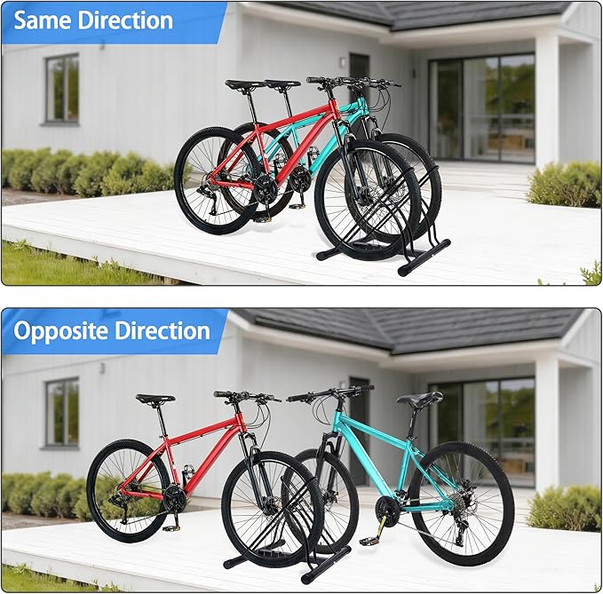 Bike Rack – Dual Bicycle Stand for Mountain, Road Bikes – Two Bike Parking Garage Storage Rack for Indoor and Outdoor Steel Bicycle Storage Tire Rack