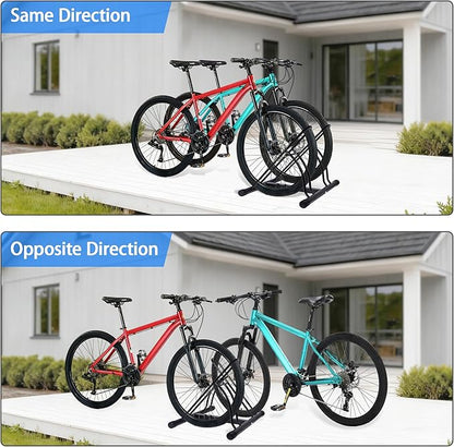 Bike Rack – Dual Bicycle Stand for Mountain, Road Bikes – Two Bike Parking Garage Storage Rack for Indoor and Outdoor Steel Bicycle Storage Tire Rack