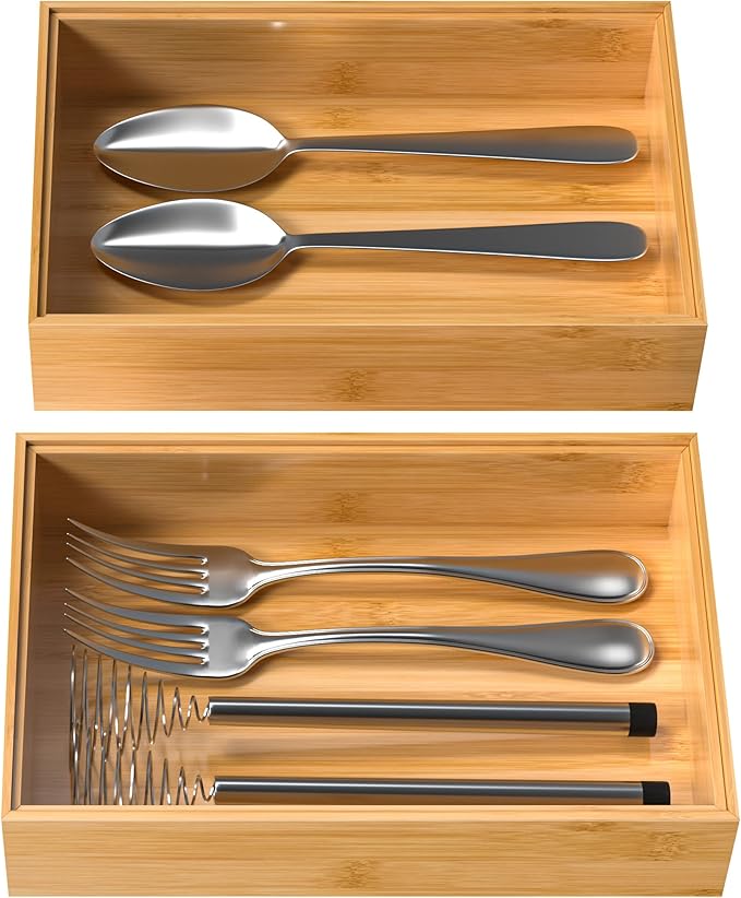 VeyFey Silverware Tray for Drawer, Stackable Kitchen Bamboo Drawer Organizer 9" x 6" x 2" Set of 2