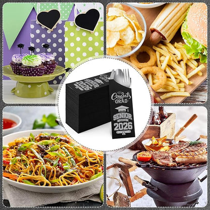 Funnymoom 400 Pcs 2026 Graduation Wrapped Silverware Bags Holder - Disposable Dinnerware Set Includes Plastic Spoons Knives and Forks, Class of 2026 Parties School Congrats Supplies(Black and Gray)