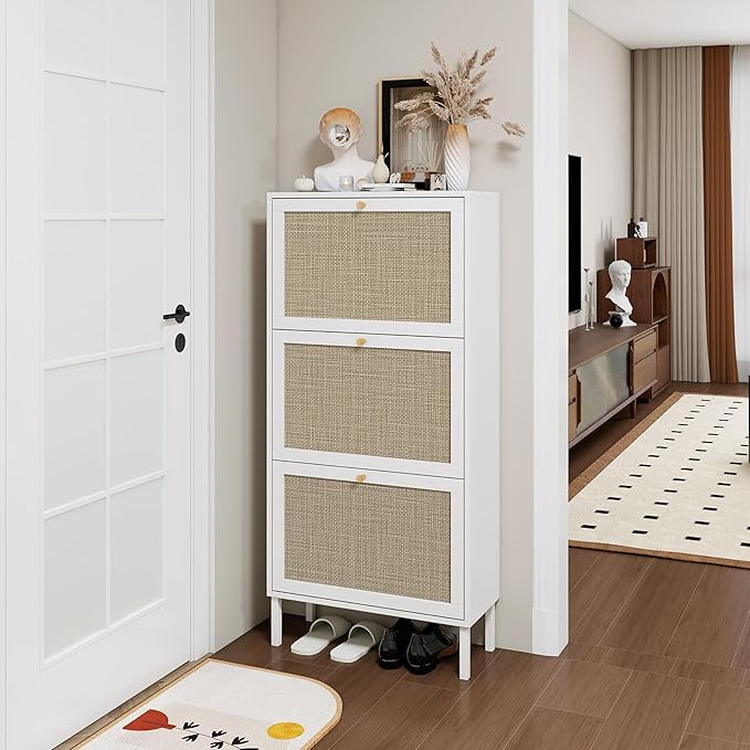 ZeHuoGe Rattan Shoe Cabinet with 3 Flip Drawers, White Narrow Shoe Rack Storage Cabinet with Metal Legs for Heels, Slippers, Entrance Hallway Entryway (White)