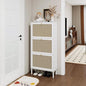 ZeHuoGe Rattan Shoe Cabinet with 3 Flip Drawers, White Narrow Shoe Rack Storage Cabinet with Metal Legs for Heels, Slippers, Entrance Hallway Entryway (White)