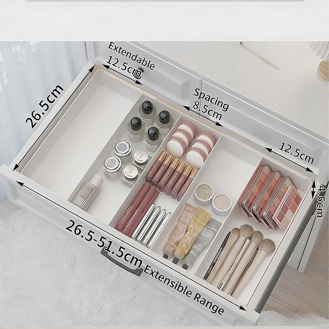 Retractable Drawer Storage Box - 6 Detachable Dividers with 2.04 Inch Shallow Drawer Height PET for Kitchen Utensils, Cosmetics, Office Supplies Storage (10.43 Inch L,20.27 Inch)