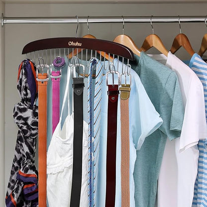 Belt Hanger Organizer for Closet: Ohuhu 2 Pack 12 Hooks Max 36 Belts Tie Rack Wooden Belt Holder for Storage 360 Degree Rotating Space Saver Organizer for Men Women Belt Tie Scarf Accessories-Walnut