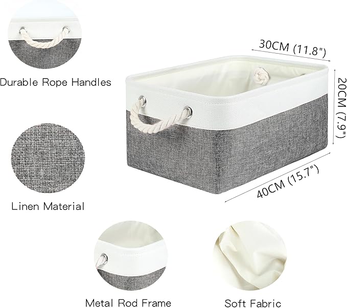 Storage Bins with Sturdy Cotton Handles(1 Pack), Fabric Storage Baskets for Organizing use for Office & Home, Book, Clothes, Toys, Closet Boxes (Large, Grey-White, 15.7x11.8x7.9 inches)