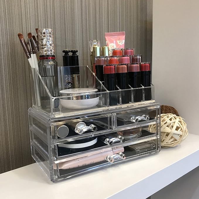 Ikee Design Acrylic Makeup Organizer with 4 Drawers and Removable Top Lipstick Holders, Ideal for Make-up or Accessories,Enhance Your Vanity or Bathroom with Clear Design for Quick Visibility