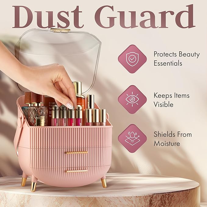Covered Makeup Cosmetic Countertop - Large Cosmetic Organizer - Trendy Oval Shape Storage for Skin Care Organizer - Clear Lid, Storage Drawers, Carry Handle - Cute Stylish Decor Solution (Pink)