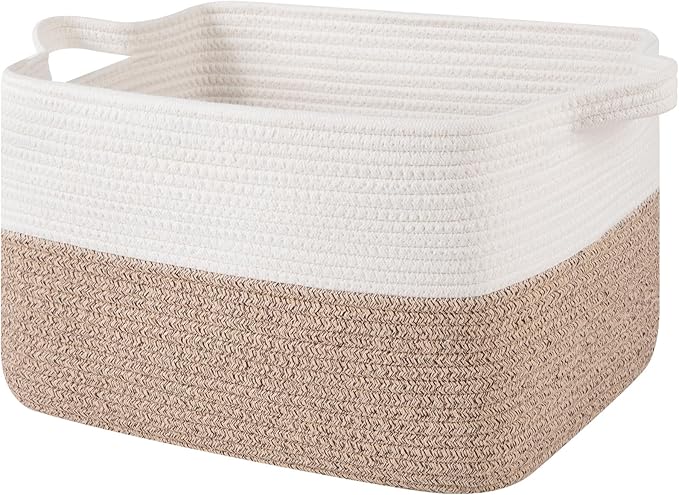 OIAHOMY Woven Storage Basket for Shelves, Rectangle Cotton Rope Baskets for Organizing, 16 x 12 x 10 in, Storage Bins for Dog Toys,Towel,Books,Gift,Brown and White
