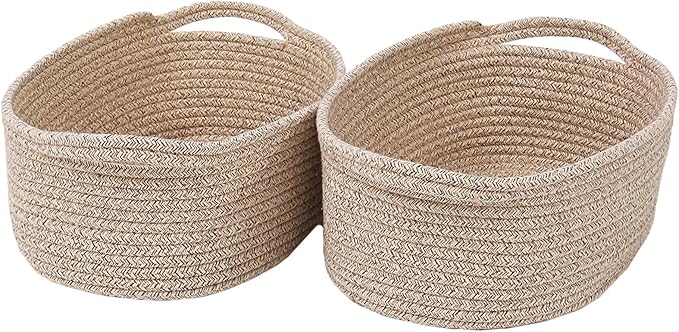 JMvicyroam Woven Basket,Small Rope Storage Bin with Handles & Ribbon Bag, Organizer for Shelves Closets,Gift Basket Empty for Birthday,Books,Dog Toys,Oatmeal/2 Pack