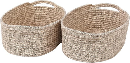 JMvicyroam Woven Basket,Small Rope Storage Bin with Handles & Ribbon Bag, Organizer for Shelves Closets,Gift Basket Empty for Birthday,Books,Dog Toys,Oatmeal/2 Pack