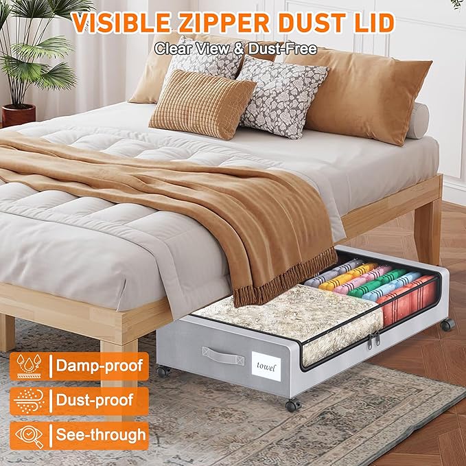 Under Bed Storage with Wheels, 2 Pack Under Bed Storage Containers with Clear Lids, XXL 65L Under Bed Storage Organizer, Rolling Under Bed Metal Drawer for Blanket, Clothes, Shoes (31 x 17 x 6.69 in)