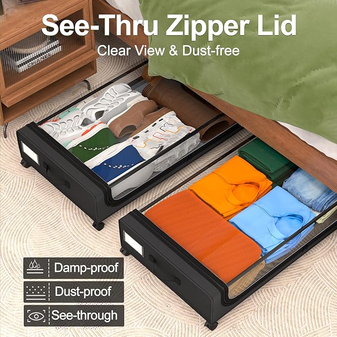 GoMaihe Under Bed Storage with Wheels: 48L Underbed Storage Containers with Clear Lids - Rolling Drawers & Bins for Shoes Clothes in Dorm Bedroom - Space-Saving Easy Pull-out Black 2-Pack