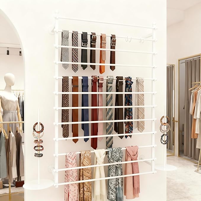 12 Layers 80cm White Wall Display Stand Wrapping Paper Ribbon Organizer Tie Scarf Rack Belt Towel Holder Spool Hijab Stand Metal Shelving for Home, Retail Stores, Flower Shop, Studio, Sewing
