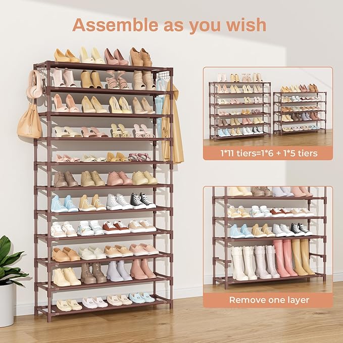 VILICK 11 Tiers Tall Wide Shoe Rack 55 Pairs Large Capacity Sturdy Durable Shoe Rack for Closet Metal Shoe Organizer Shelf with Two Hooks Space Saving for Entryway Brown
