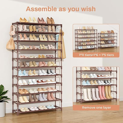 VILICK 11 Tiers Tall Wide Shoe Rack 55 Pairs Large Capacity Sturdy Durable Shoe Rack for Closet Metal Shoe Organizer Shelf with Two Hooks Space Saving for Entryway Brown