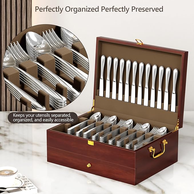 Walnut Silverware Storage Box,Silverware Flatware Case with Felt Lined,Flatware Storage Box for 12 sets of Utensils,Silverware Chest without Silverware,Silverware Organizer with Lid