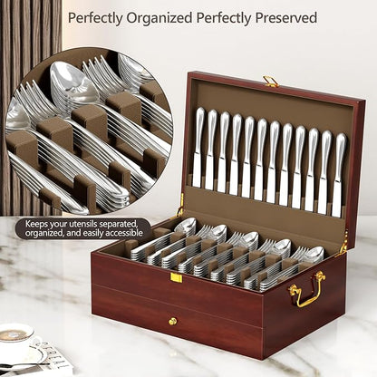 Walnut Silverware Storage Box,Silverware Flatware Case with Felt Lined,Flatware Storage Box for 12 sets of Utensils,Silverware Chest without Silverware,Silverware Organizer with Lid