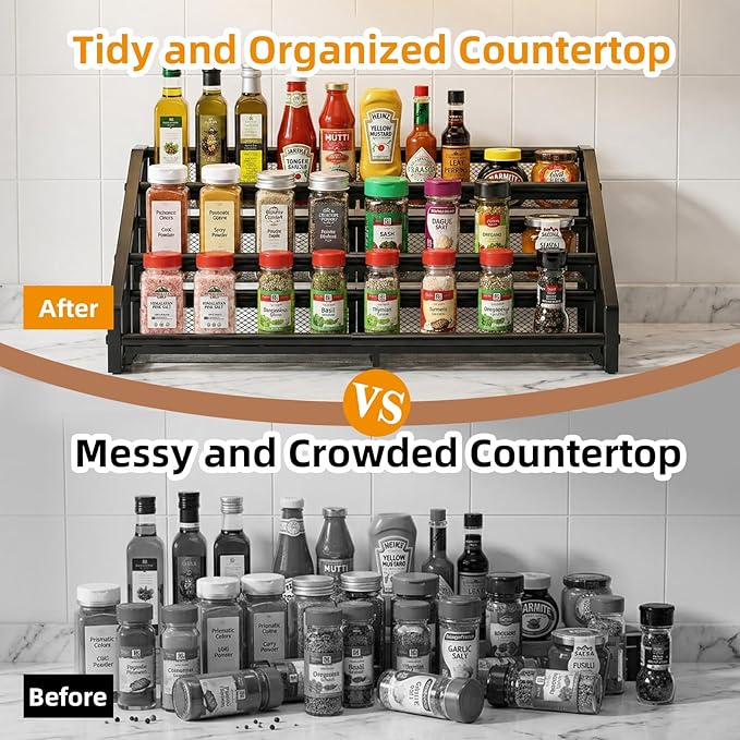 3 Tier Expandable Spice Rack Organizer for Kitchen，13.7"-23.6" Expandable Spice Organization Shelf,Metal Pantry Storage Shelves Racks,Space Saving for for Pantry, Counter top (Patent Pending)