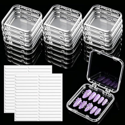 Press On Nail Storage Box (16 Pack) with 60 Double-Sided Tapes - Clear Acrylic Nail Display Containers for Nail Art Business & Organization