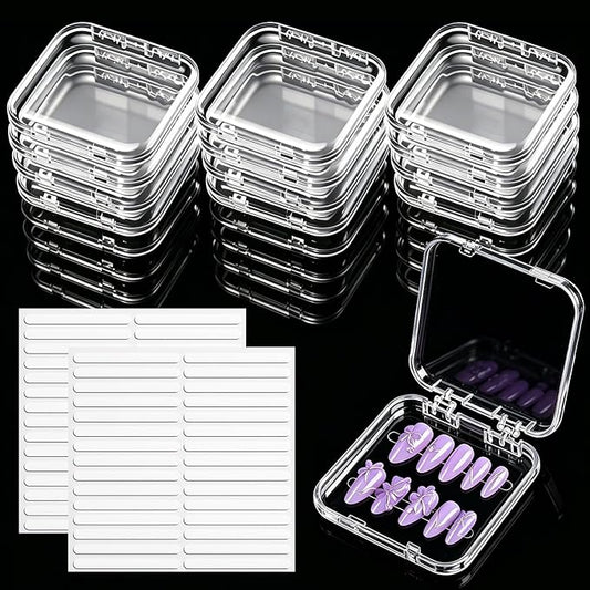 Press On Nail Storage Box (16 Pack) with 60 Double-Sided Tapes - Clear Acrylic Nail Display Containers for Nail Art Business & Organization