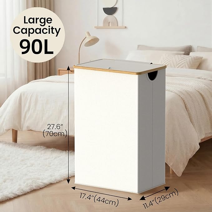 efluky Slim Laundry Basket with Lid, Narrow Laundry Hamper with Removable Bag, Skinny Dirty Clothes Basket with Bamboo Handles for Bathroom, Bedroom & Laundry Room, 90L Beige