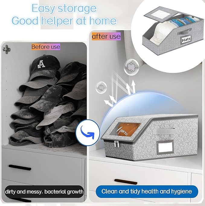 2 Pcs Stackable Hat Storage for Baseball Caps With Breathable Clear Window Lid, Flip-Top Access,Dust-Proof Zipper,Durable Cardboard Base,Space-Saving Cap Box