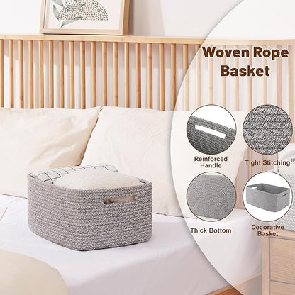 OIAHOMY Storage Basket for Shelves, Closet Cube Storage Bins Baskets for Clothes Blanket Towels, Baby Nursery, Toy Baskets Box, Woven Rope Basket, 15.75 * 11.81 * 7.09 IN, 2 Packs Grey