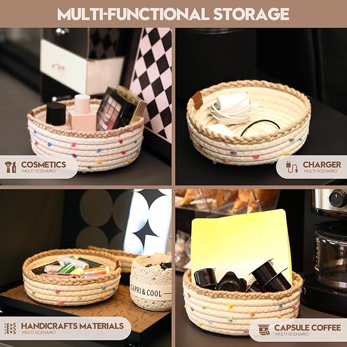 Sea Team 3-Pack Small Cotton Rope Storage Basket Set - Portable Round Organizers with Jute Braid for Small Items, Keys, Makeup & Trinkets