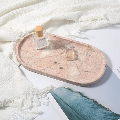 Koville Pink Marble Tray for Bathroom Countertop, Vanity Tray Stone Trays for Decor, Natural Marble Decorative Tray for Dresser Organizer, Storage Trays for Perfume, Jewelry, Cosmetics(Coquille Pink)