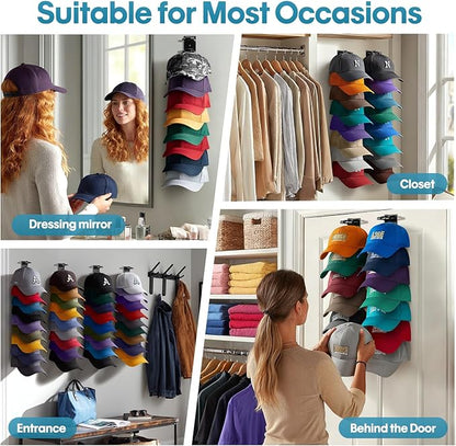 Hat Organizer for Baseball Caps, 2 Pack Hat Rack for Wall Closet Door Hold up to 16 Hats,Hat Holder with Adhesive and 8 Screws, Hat Hanger Cap Holder Hat Hangers for Wall Closet Door Bedroom(A-Black)